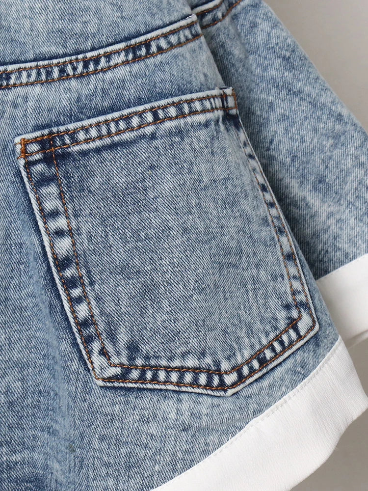 High Waist Solid Patchwork Denim Shorts with Pockets for Women