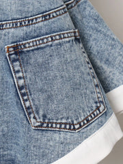 High Waist Solid Patchwork Denim Shorts with Pockets for Women