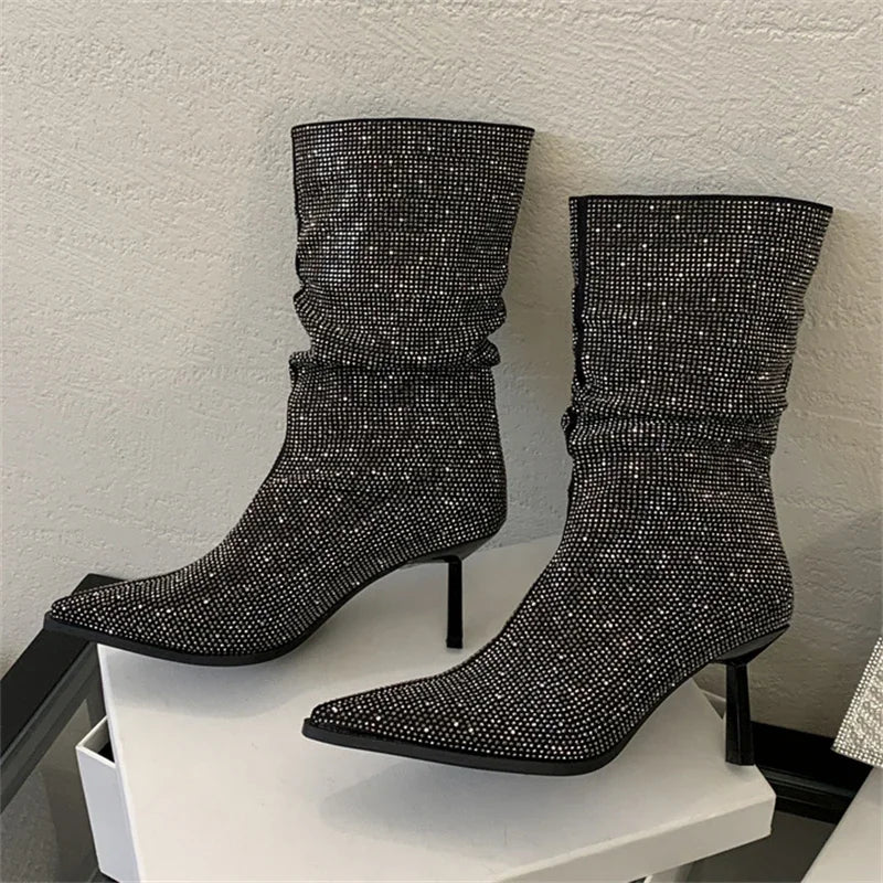 Bottines à bout pointu en cristal pour femmes, automne-hiver