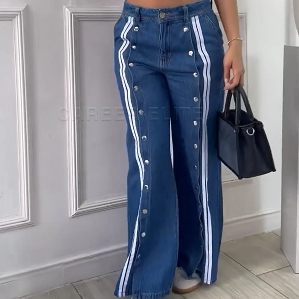 Pantalon en denim bleu ample à jambe droite pour un style streetwear décontracté 