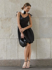 Women's Black Backless Cotton A-Line High Waist Short Dress