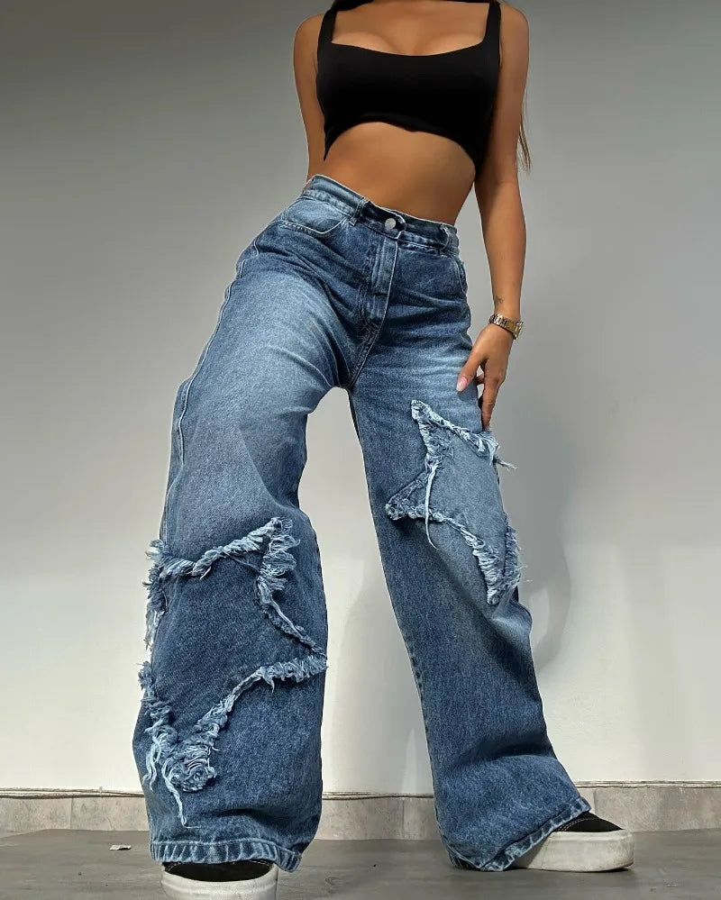 Women's High Waist Baggy Jeans with Star Embroidery in Baggy Style