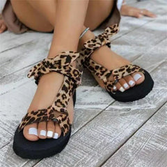 Women's Leopard Print Casual Flat Lace-Up Bow Sandals for Summer