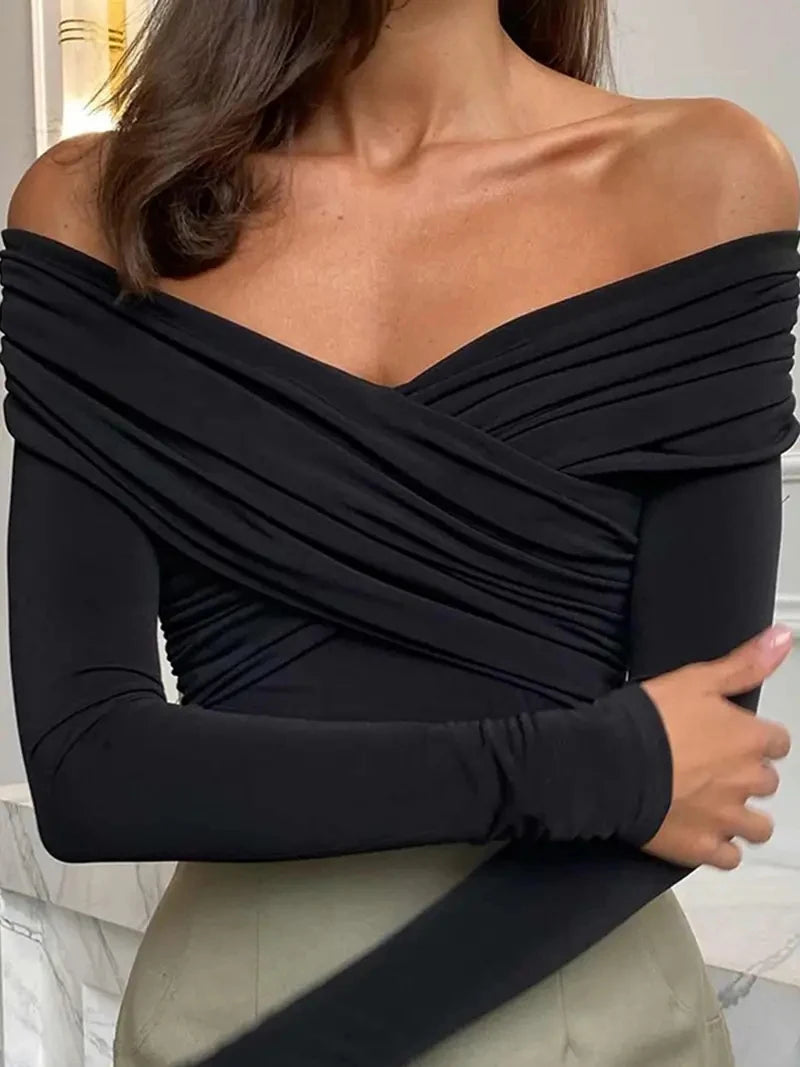 Women's New Solid Off Shoulder Long Sleeve Bodysuit Romper