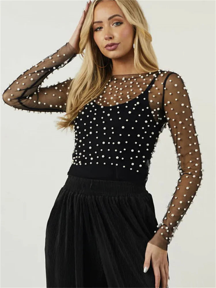 Elegant Sheer Lace Mesh Crop Top with Pearls for Women