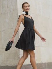 Women's Black Backless Cotton A-Line High Waist Short Dress