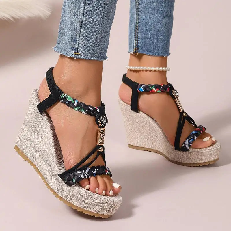 Mixed Colours Woven Spaghetti Strap Thick Platform Sandals for Women