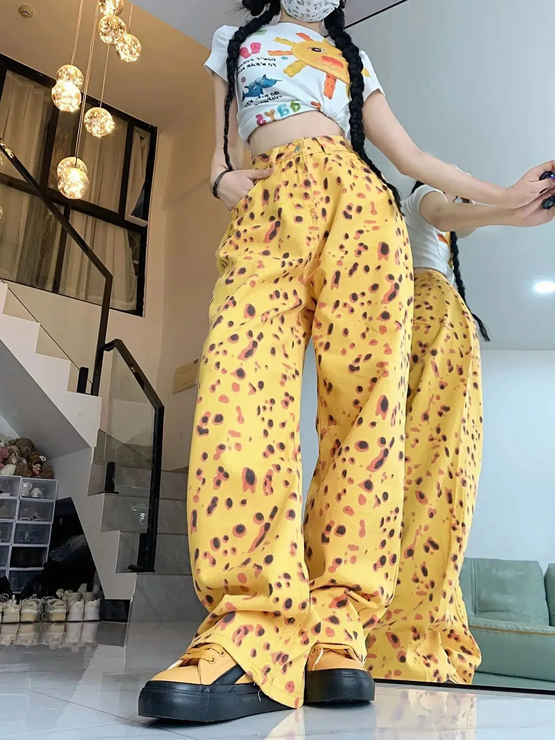 Personalized Yellow Leopard Print Wide-Leg Jeans for Women