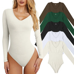 Women's Solid Color Long-Sleeve Bodysuit – Minimalist Chic Slim Fit Top