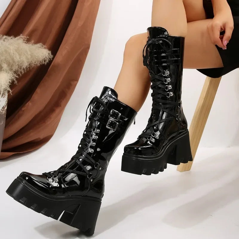 Women's Fashion Solid Color Mid Tube Lace Up Platform Wedge Boots