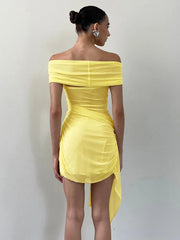 Robe asymétrique jaune en maille pour femme avec col bateau