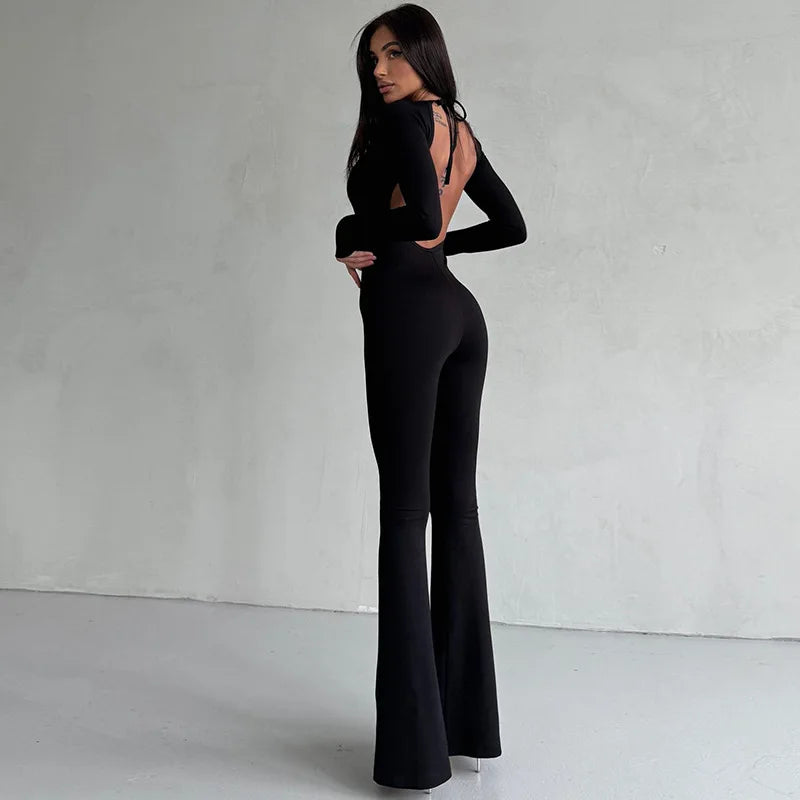 Women's Backless Solid Black Flare Pant Jumpsuit Romper