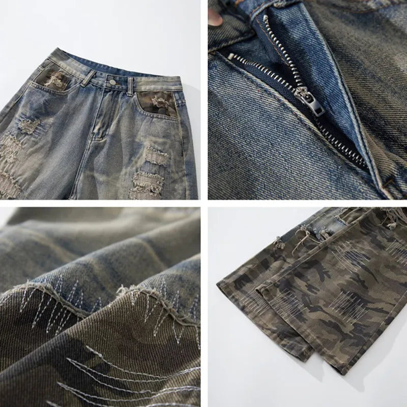 Jean baggy déchiré pour homme – Pantalon large à patchwork camouflage 