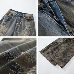 Men's Ripped Stacked Baggy Jeans – Camouflage Patchwork Wide-Leg Pants