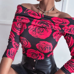 Women's Elegant Rose Print One Shoulder Long Sleeve Blouse