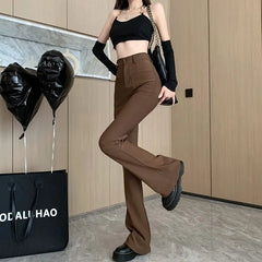 Coffee Colored High Waist Micro Flared Pants with Double Pockets