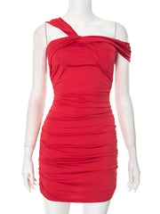 One Shoulder Ruched Asymmetrical Red Black Dress for Parties