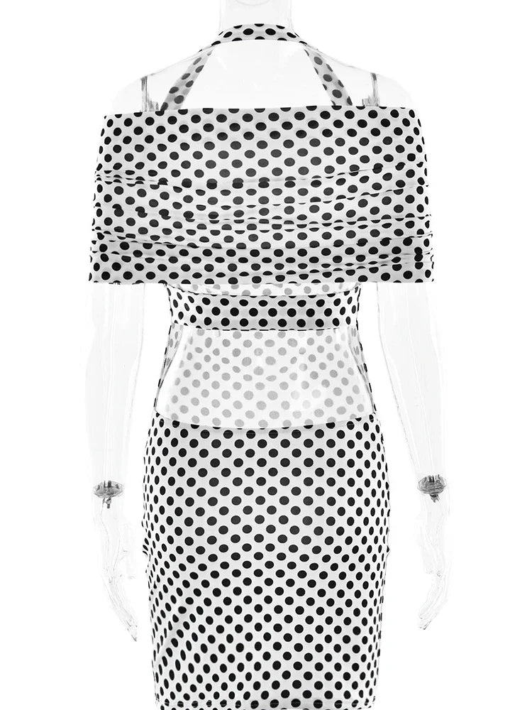 Women's White Polka Dot Halter Neck Backless Bodycon Dress