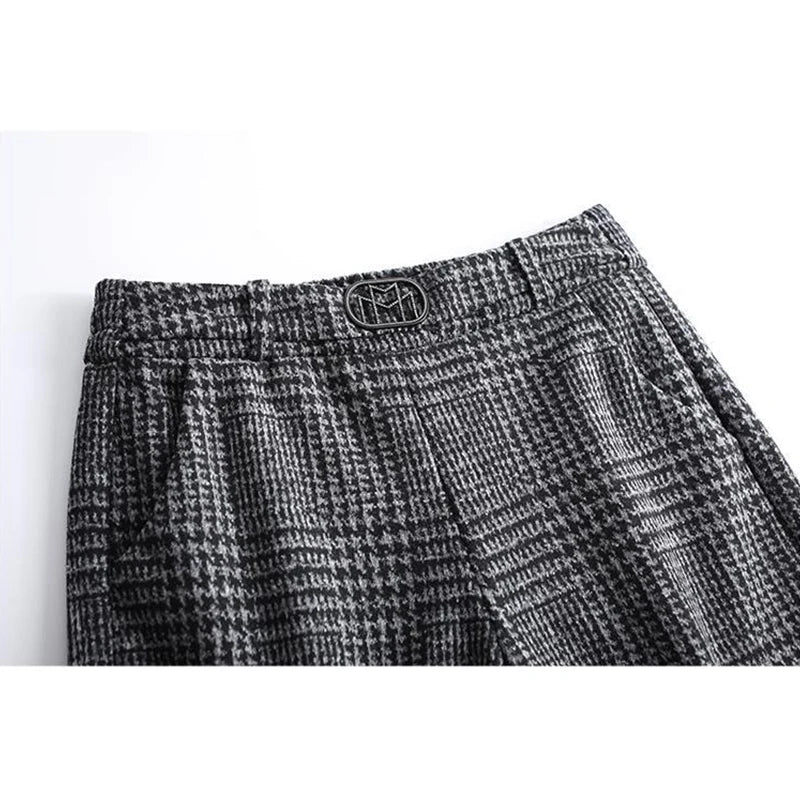 Autumn Winter Women's Woolen Plaid Wide Leg High Waist Pants