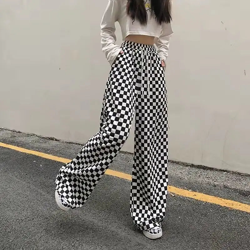 Women's Black White Plaid Elastic Waist Summer Casual Pants