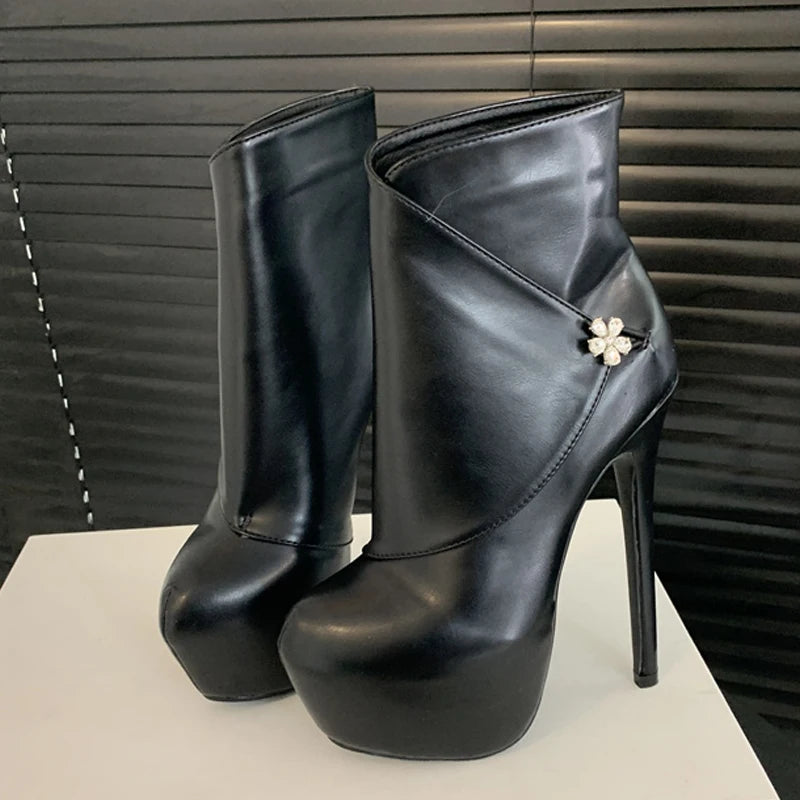 Women's Black Round Toe 16CM High Heels Platform Ankle Boots