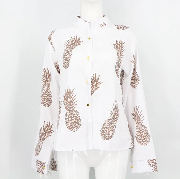 Women's White Pineapple Print Long Sleeve Casual Top