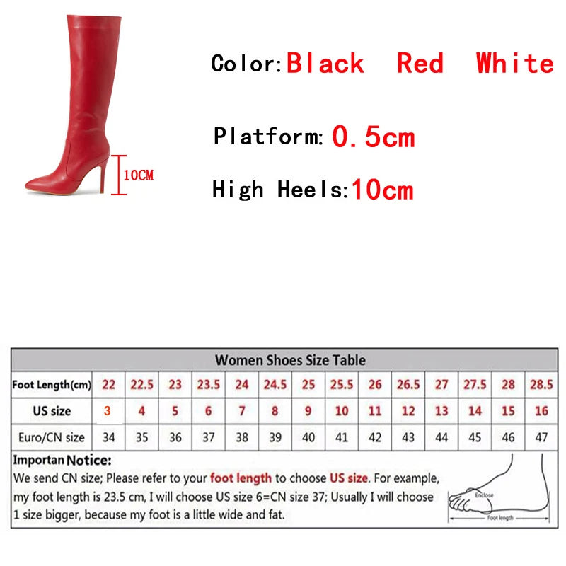 Women's Red Leather Long Boots with Pointed Toe and High Heels