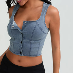 Women's Blue Sleeveless Square Neck Denim Tank Top for Summer Clubwear