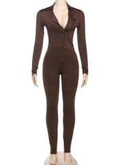 Women's Spring Long Sleeve Zipper Tight Hip Jumpsuit in Black