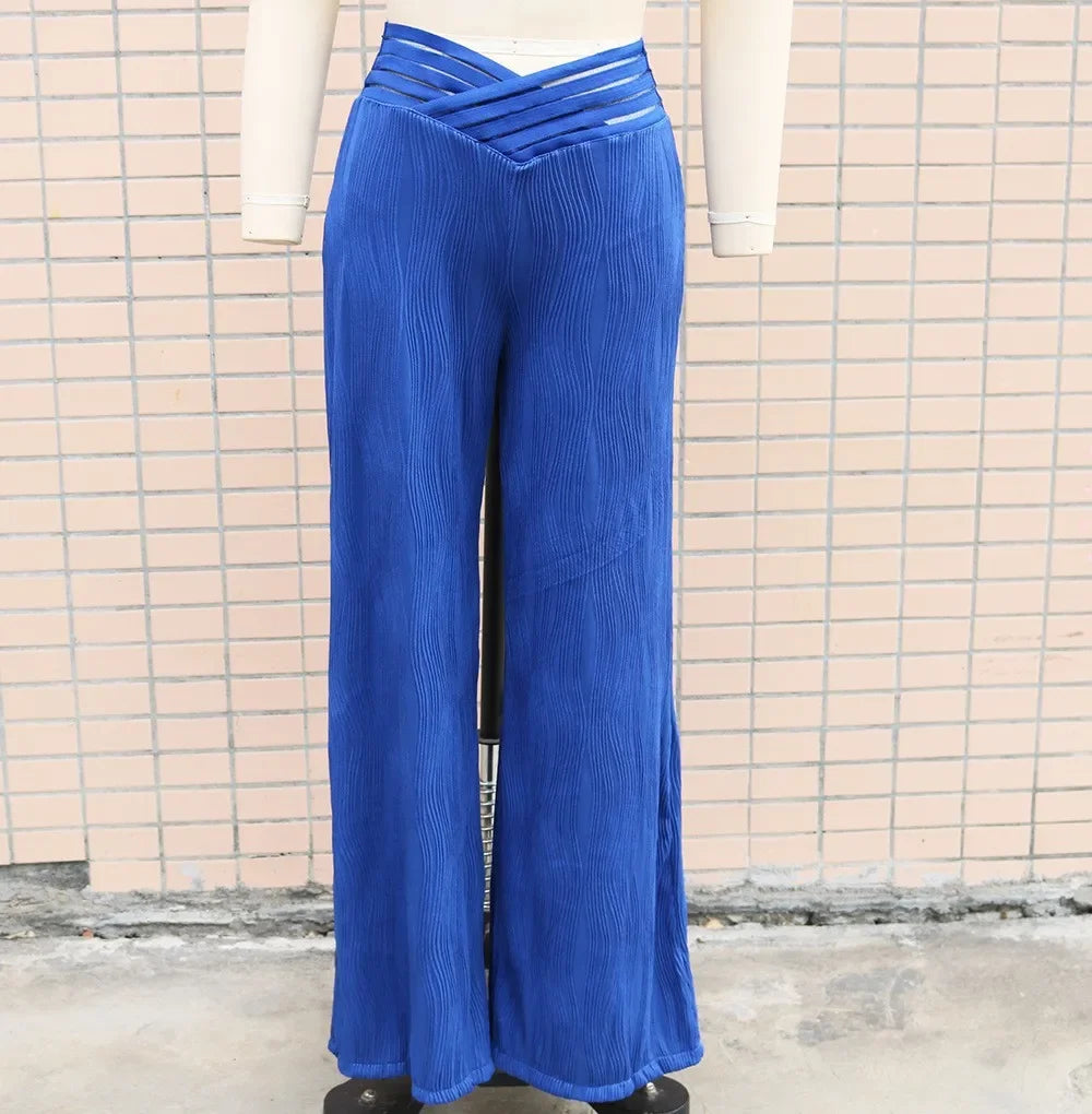 Hollow Out White Elegant Cuffed Wide Leg High Waist Pants for Women