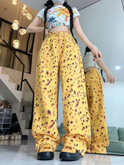 Personalized Yellow Leopard Print Wide-Leg Jeans for Women