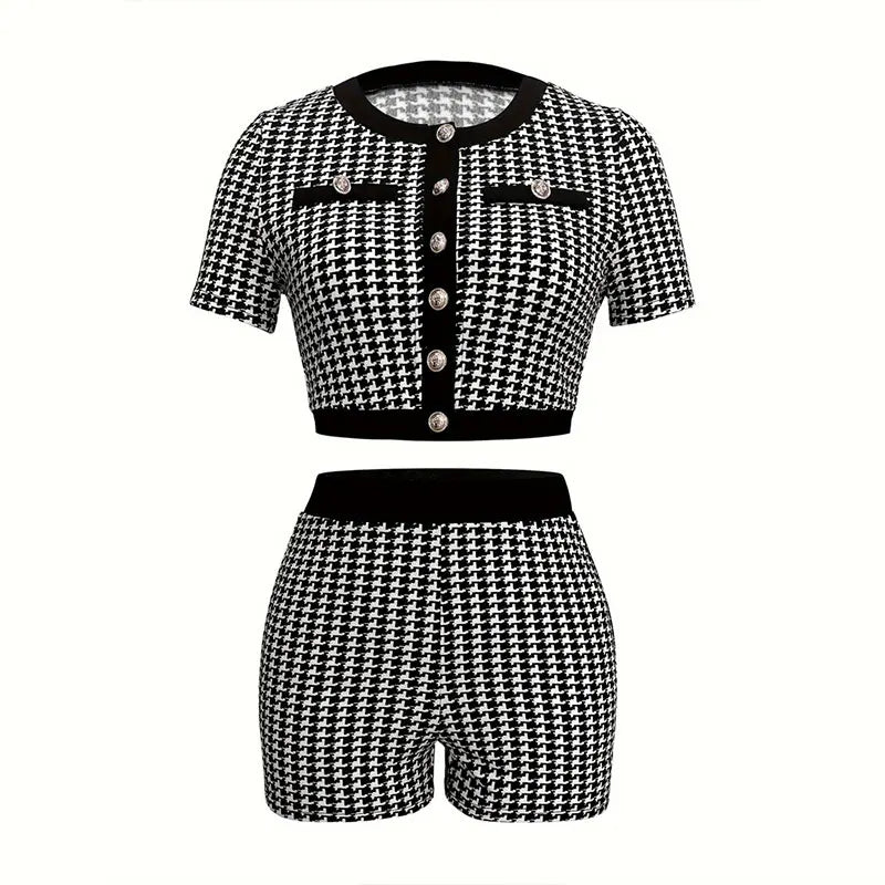 Women's Vintage Pleated Houndstooth 2 Piece Set Blouse and Shorts