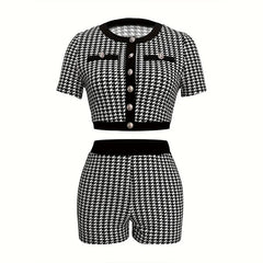 Ensemble chemisier et short plissé vintage pied-de-poule pour femme, 2 pièces