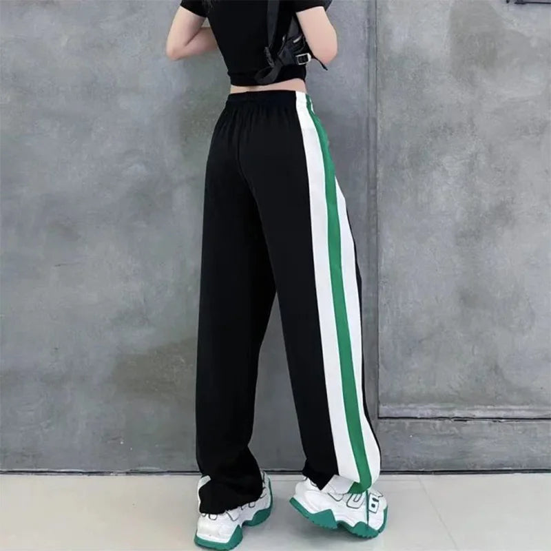 Women's Black Sports Pants with Pockets and Striped Drawstring