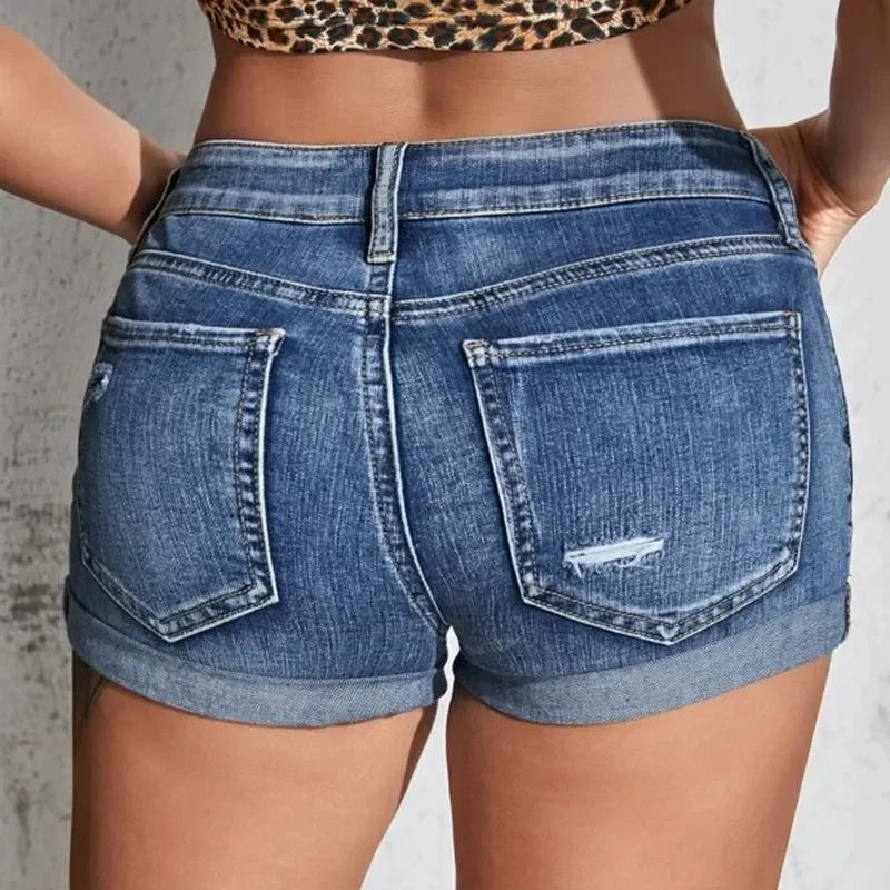 Women's Light Blue Split Denim Shorts for Summer Beach Fashion