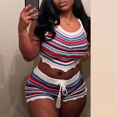 Colorful Striped Knit 2 Piece Set for Women with Crop Top and Shorts