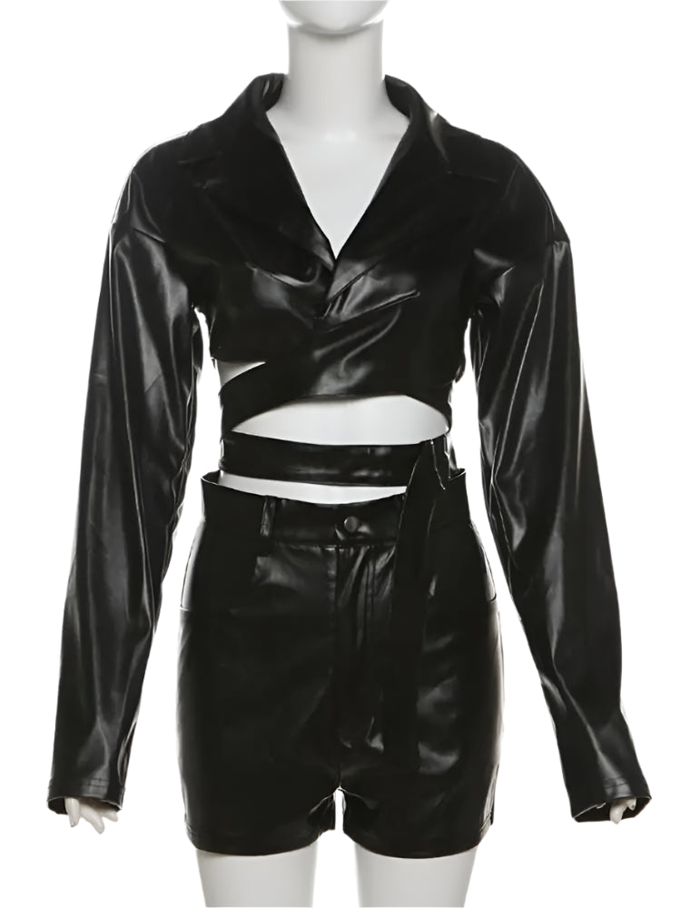 Women's Black PU Leather V-Neck Long Sleeve Crop Top and Shorts Set