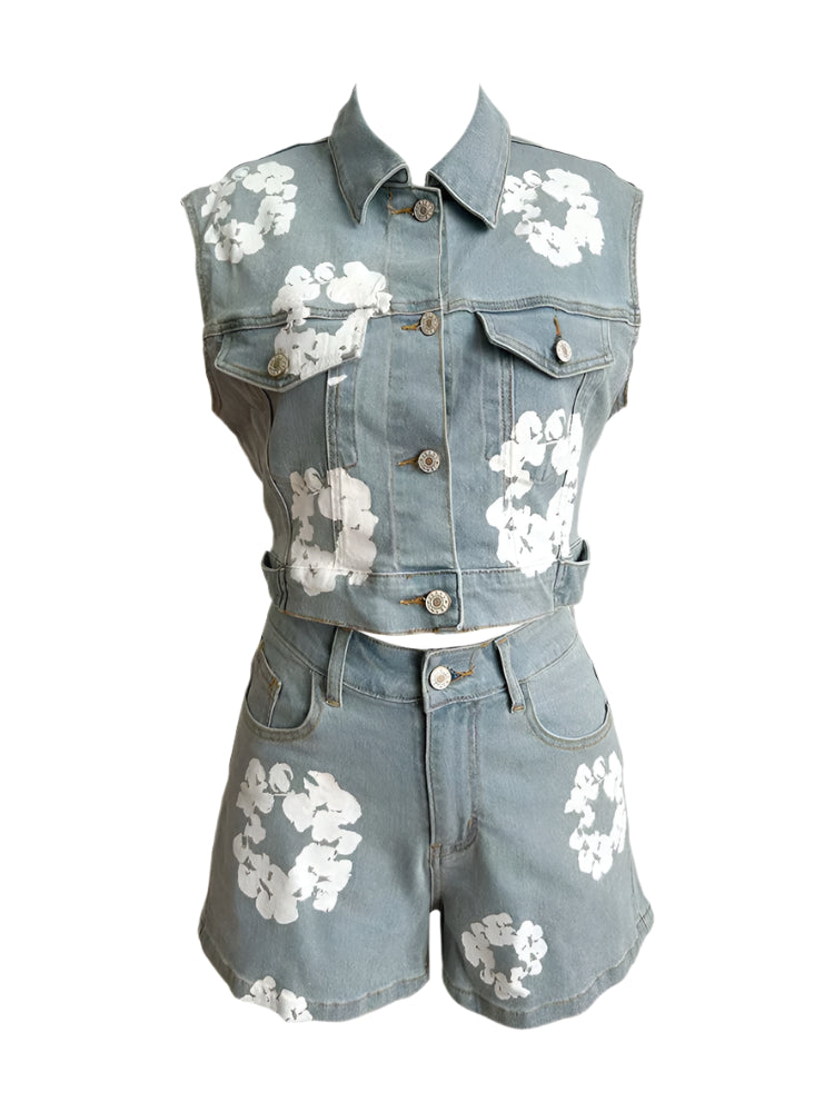 Floral Printed Sleeveless Crop Top and Shorts Denim Set for Women