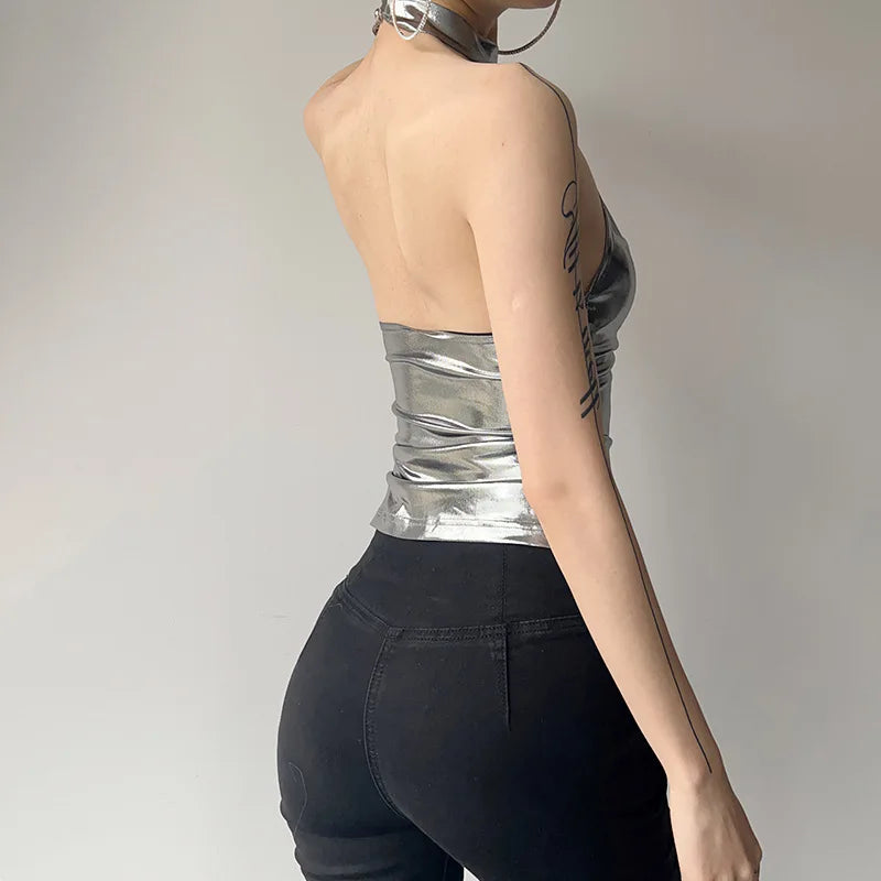 Shiny Silver Patent Faux Leather Halter Crop Top for Women