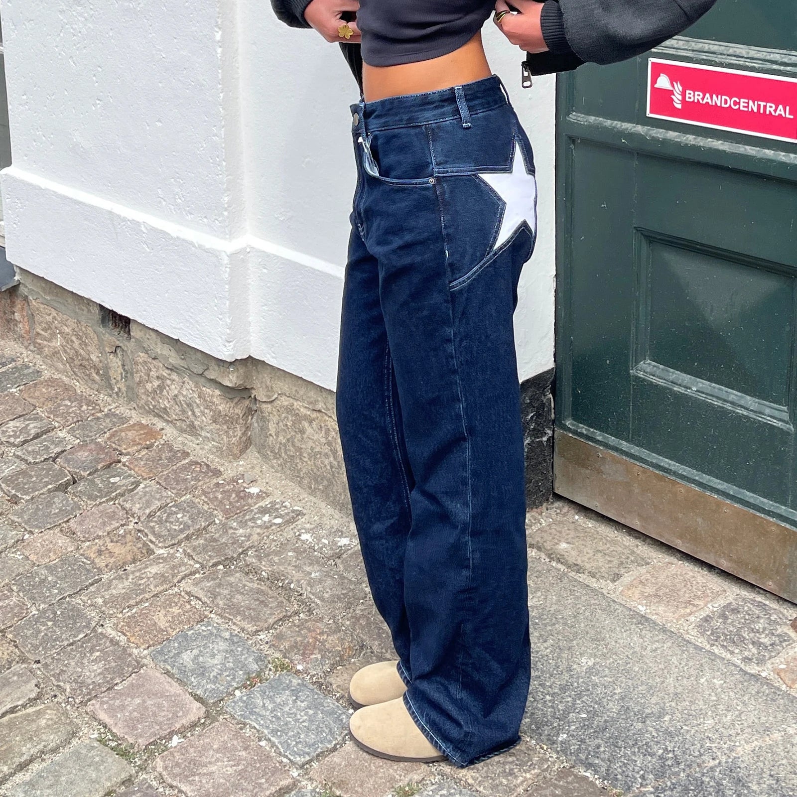 Pantalon en denim ample à jambe droite et à motif d'étoiles vintage pour femme