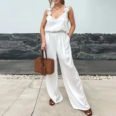 Women’s Spliced Appliques Casual Jumpsuit Square Collar Backless