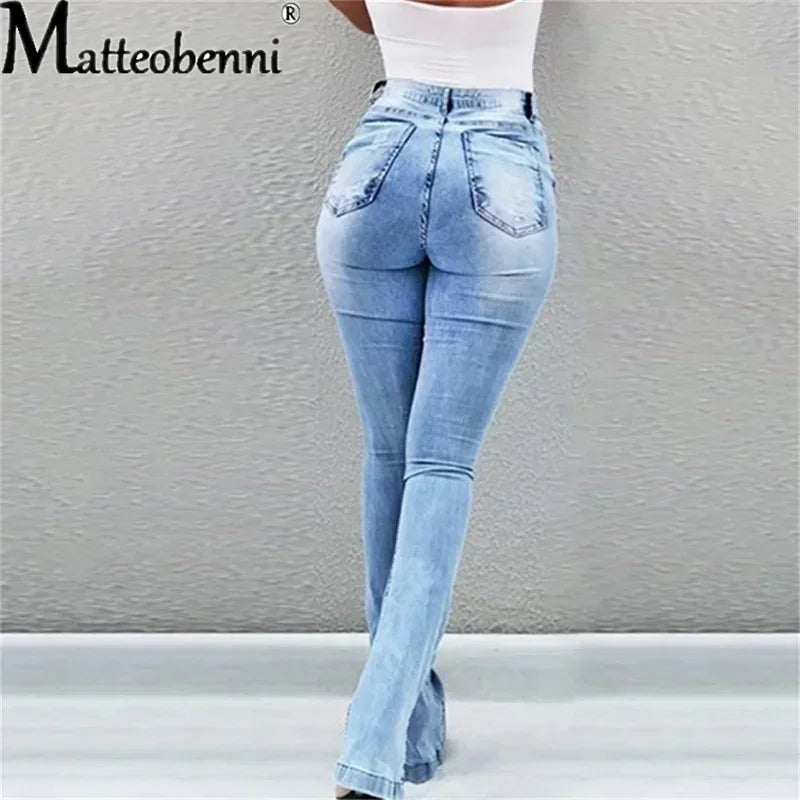 Women's High Waist Blue Flared Jeans with Fray and Split Leg