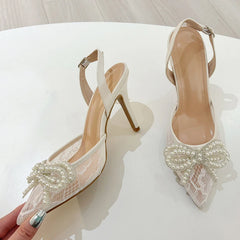 White Pearl Bowknot Mesh Pointed Toe Slingback Heels for Women