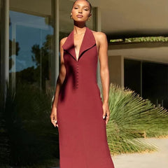 Halter Deep V Neck Sleeveless Maxi Dress with Backless Design