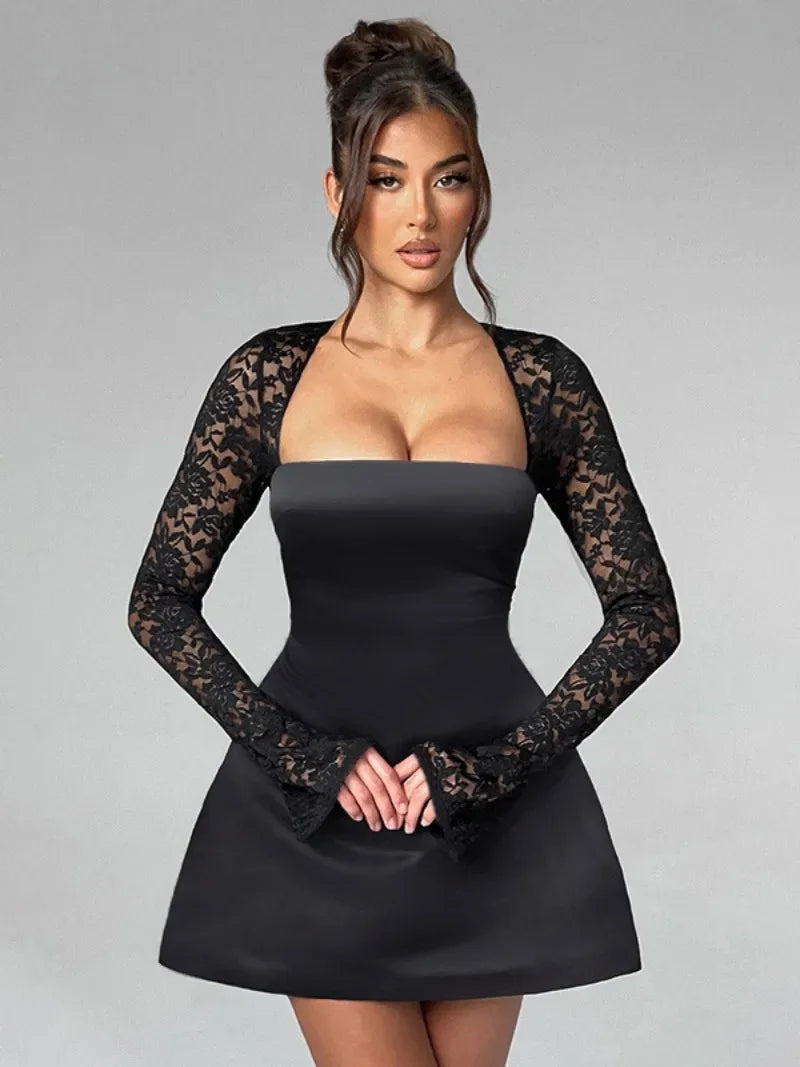 Elegant Backless A-Line Lace Patchwork Party Dress in White and Black
