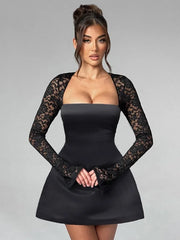 Elegant Backless A-Line Lace Patchwork Party Dress in White and Black