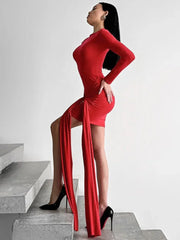 Women's Red O-Neck Long Sleeve Bandage Mini Dress for Parties