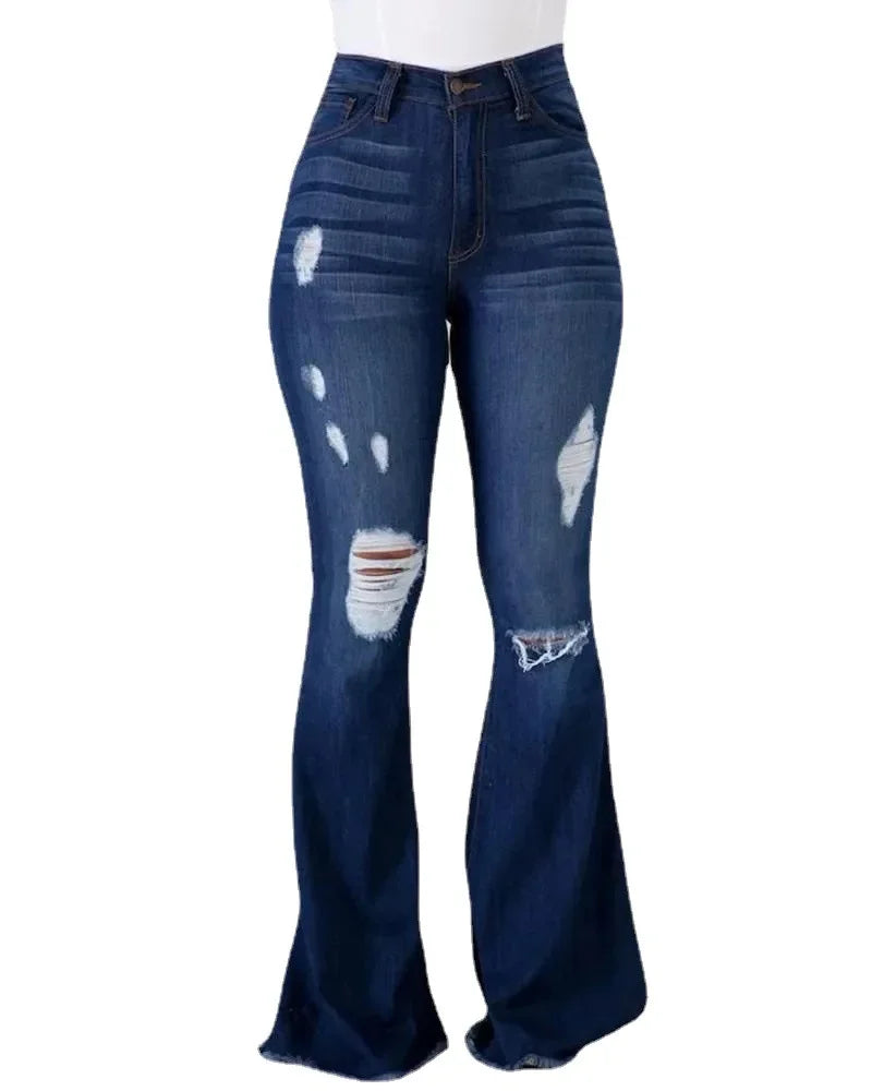 Pantalon en jean évasé taille haute avec détails déchirés pour femme 