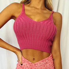 Women’s Knitted Backless V Neck Halter Crop Top Camisole