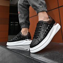 Baskets de luxe en cuir noir effet cuir pour homme – Baskets tendance à semelle épaisse 